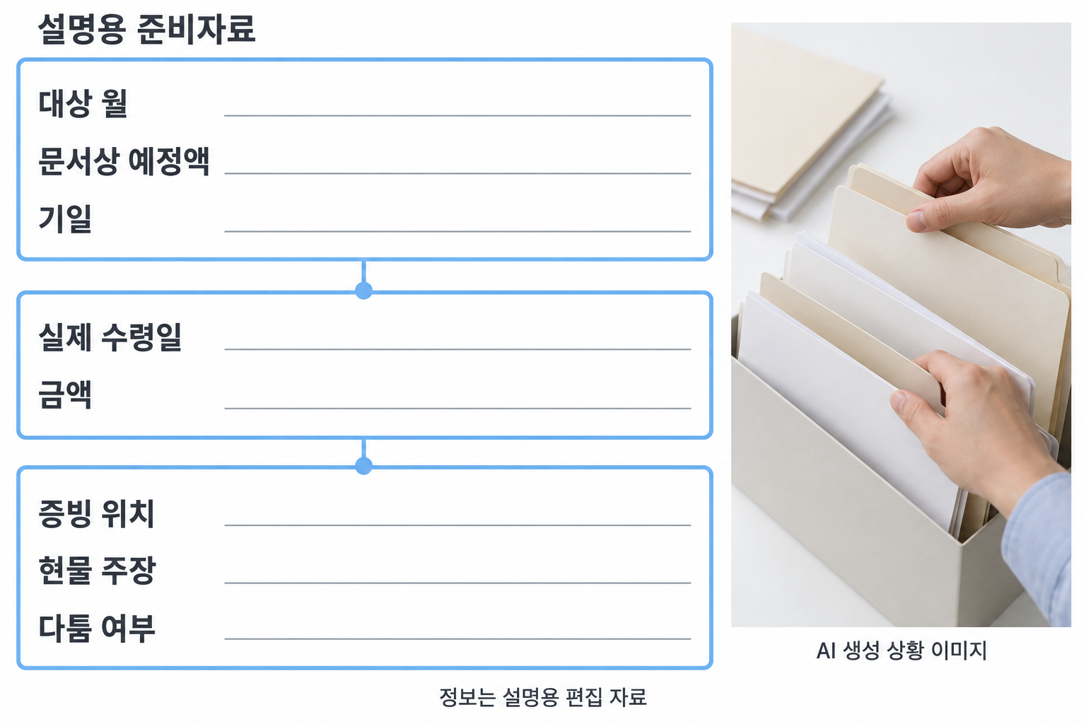 미지급 내역 정리 항목을 세 큰 그룹: 대상 월·문서상 예정액·기일 / 실제 수령일·금액 / 증빙 위치·현물 주장·다툼 여부. 옆에 모형 파일을 나누는 손을 가까이 크롭. 빈칸 다수·허위 법원서식·확정 계산값 없음. 설명용 준비자료 표시.