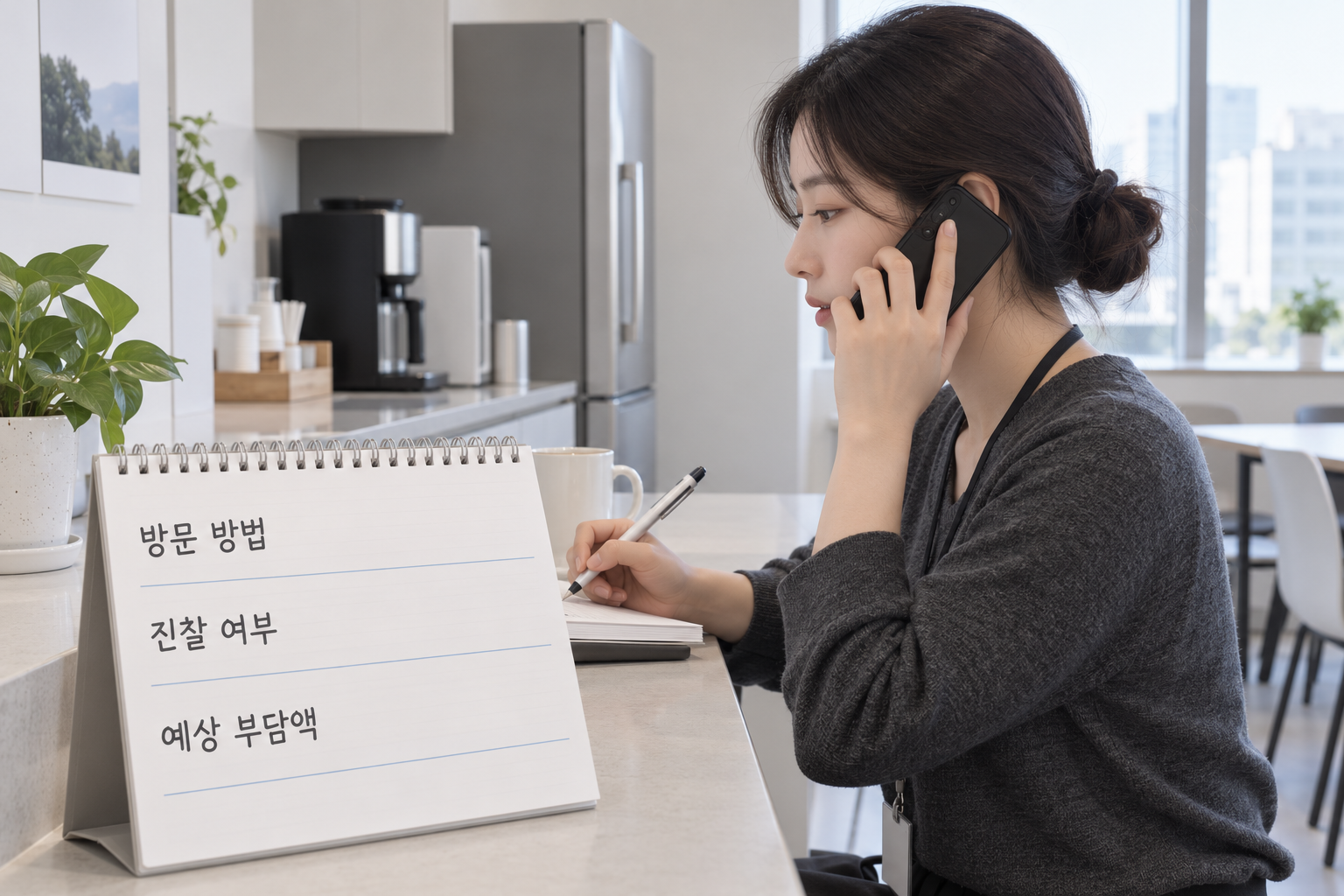 발급기관에 방문 방법과 진찰 여부 및 예상 본인부담액을 문의하며 기록하는 설명 장면