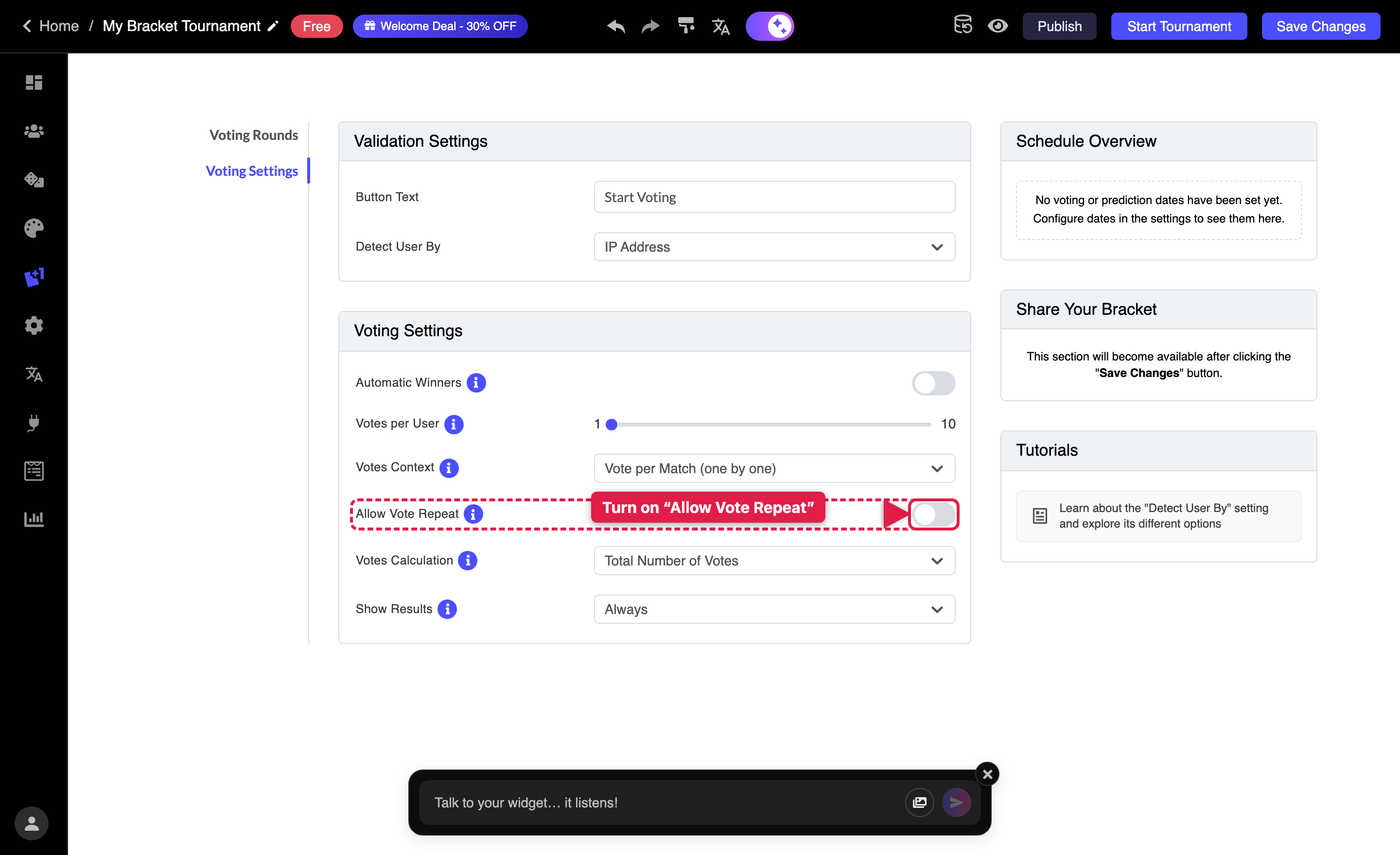 Voting Settings sub-tab with the Allow Vote Repeat toggle highlighted