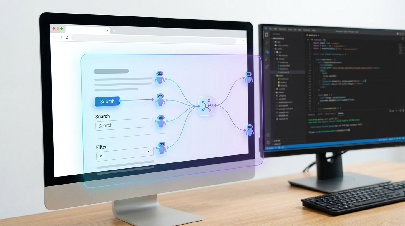 AI agents interacting with web elements in a browser window, demonstrating Microsoft Edge DevTools browser automation.