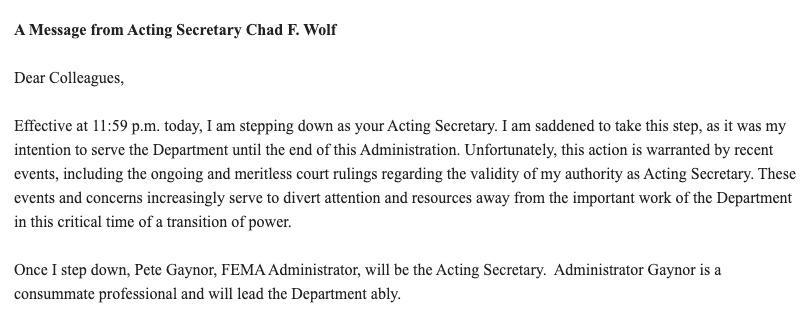 Acting DHS secretary, Chad Wolf, resigns. FEMA Administrator Pete Gaynor to take over…