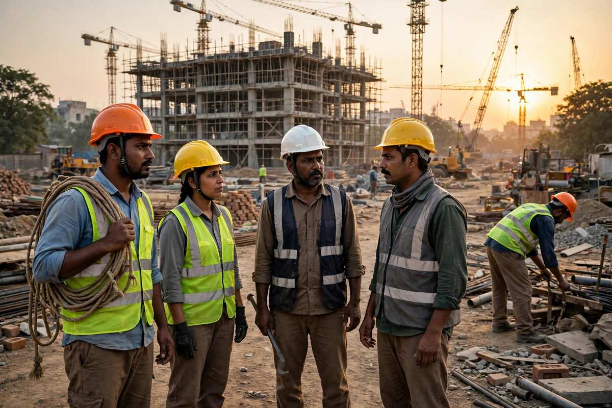 भारत में निर्माण स्थल पर काम करते श्रमिक — न्यूनतम मजदूरी संशोधन अक्टूबर 2026