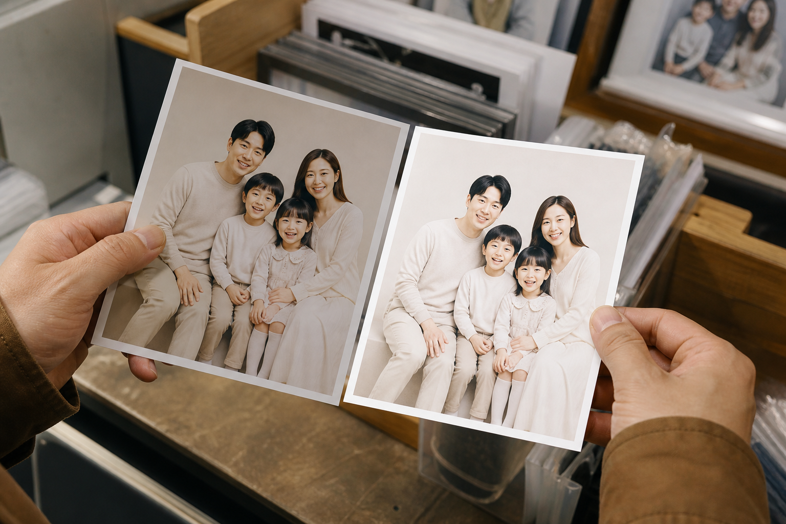 자동보정 전후의 가족사진 밝기와 색을 비교하는 장면