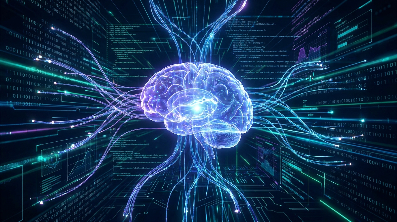 Digital brain representing AI with data streams, symbolizing Claude Sonnet 5's 1M token context.