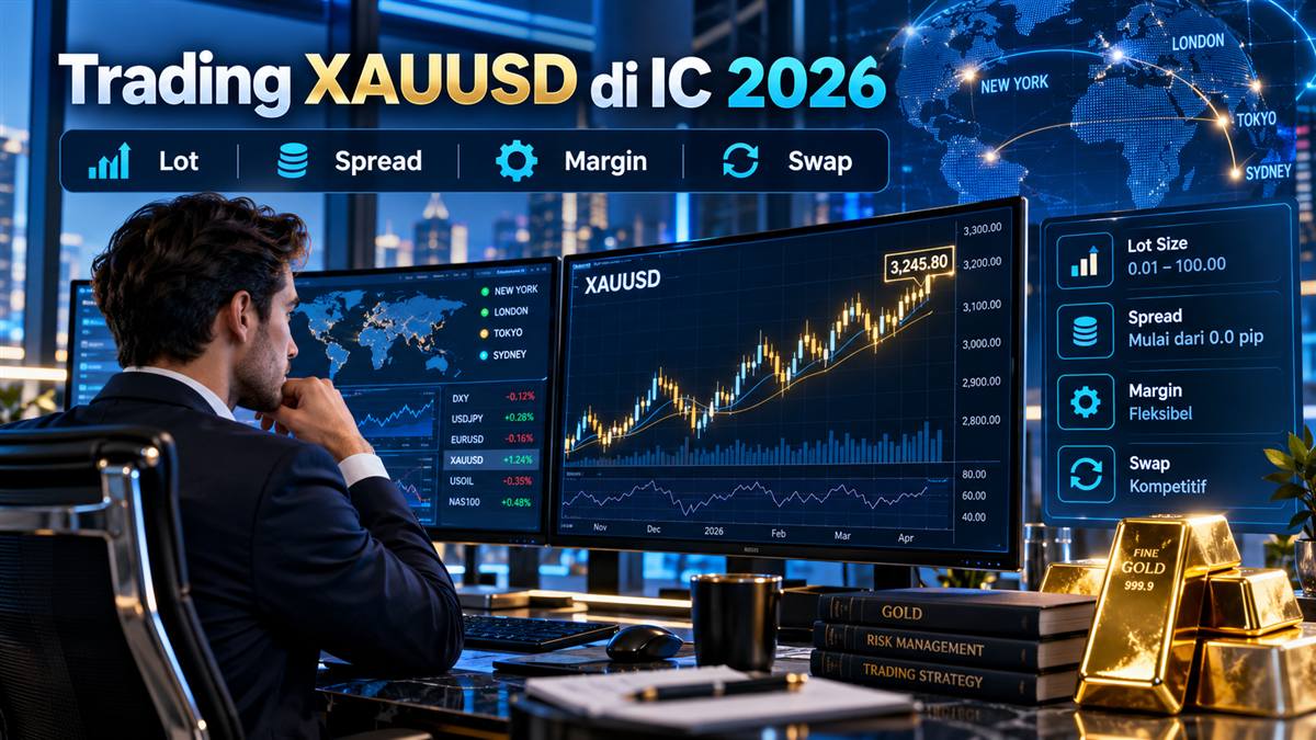 Trader profesional mempelajari XAUUSD IC: lot emas, spread, margin, dan swap