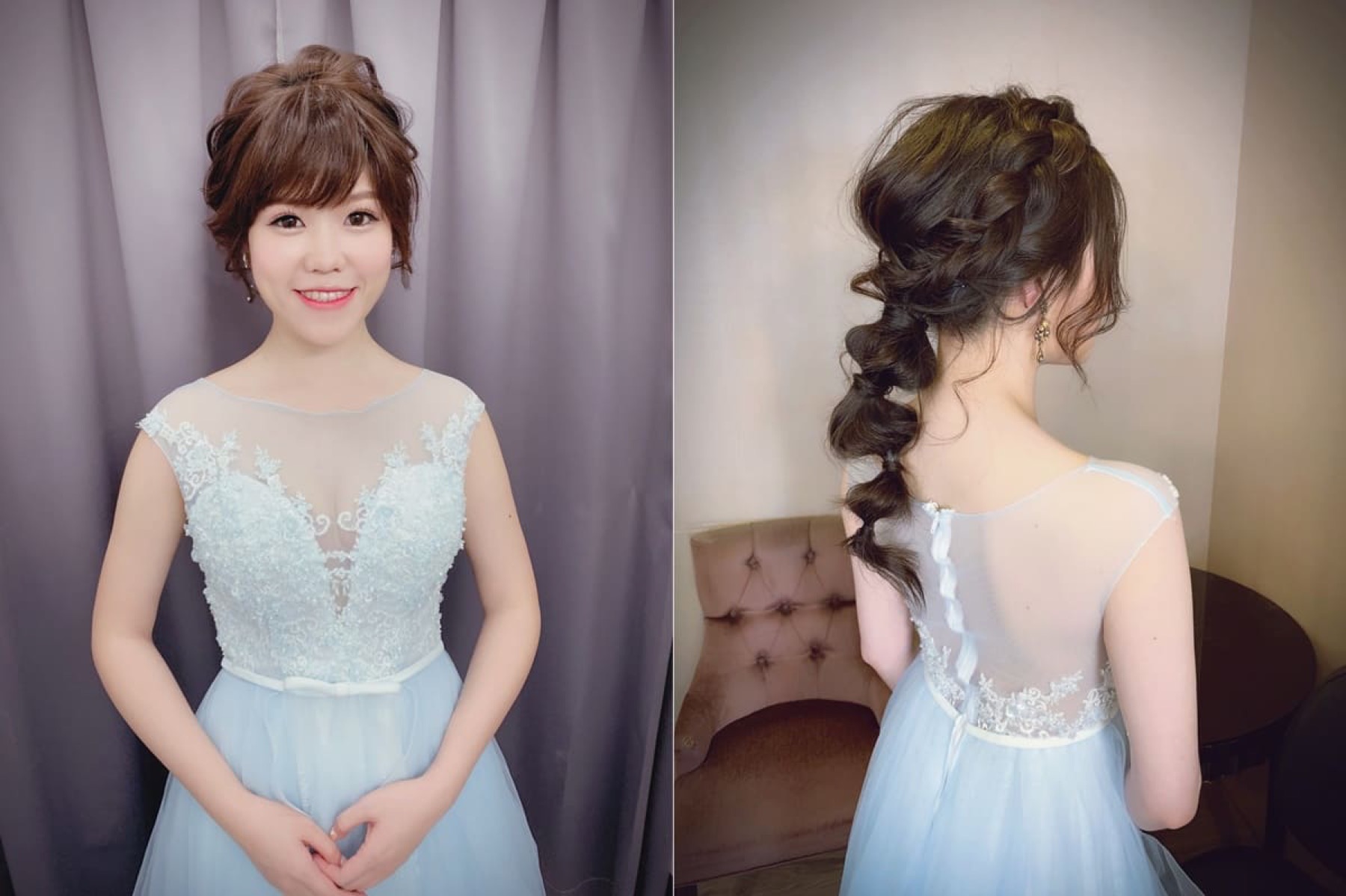 Syuan 新娘秘書作品,藍色禮服清新妝容與編髮馬尾