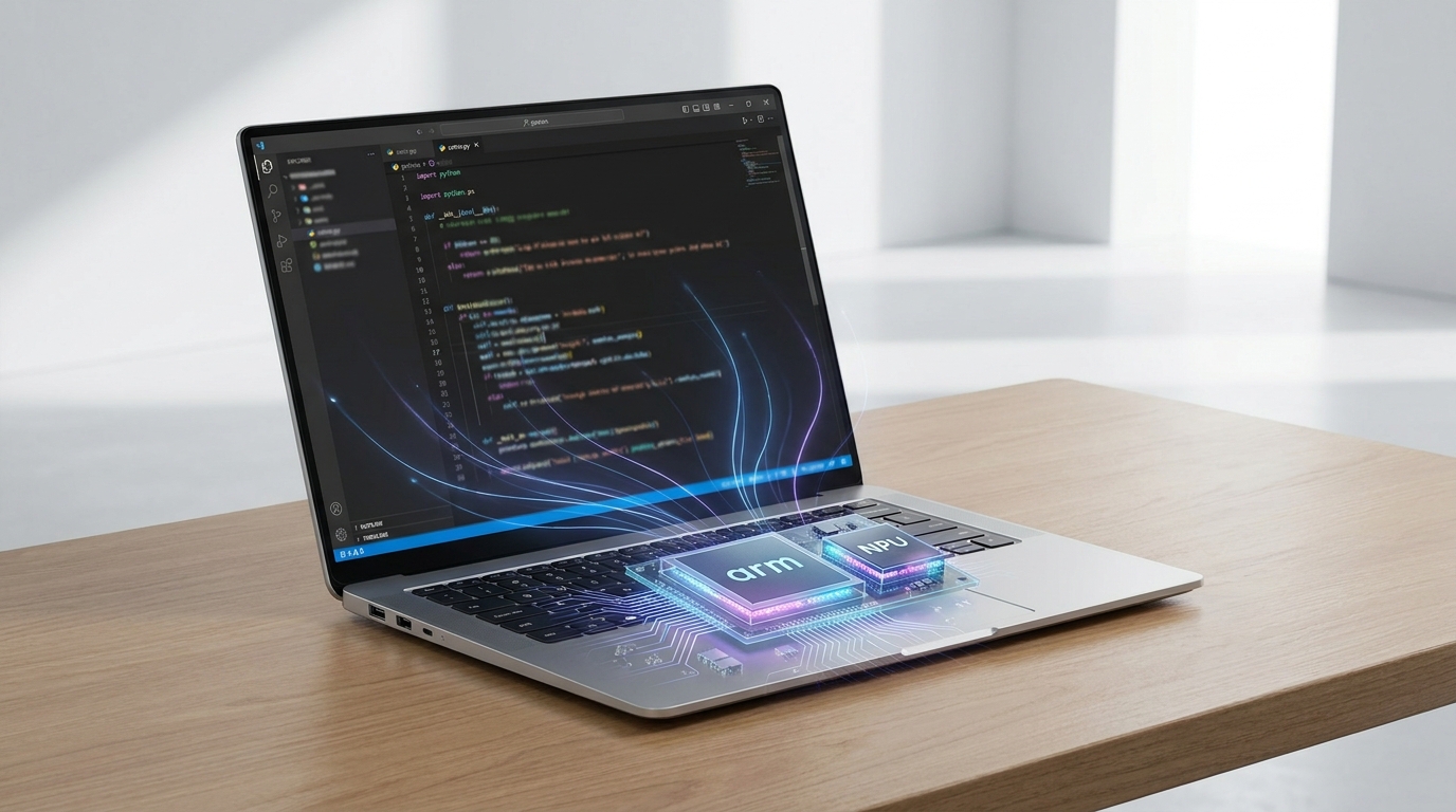 Modern laptop running Python code, with glowing lines connecting to an Arm chip, symbolizing native Python development on Copilot+ PCs.