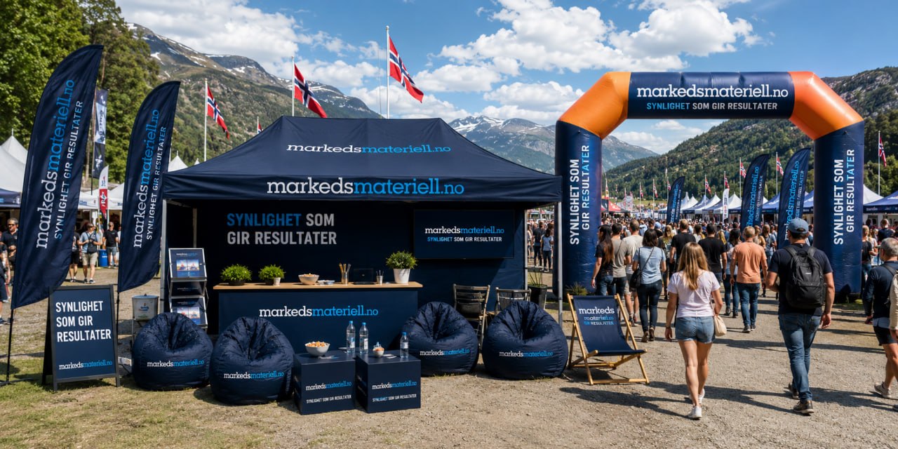 Komplett markedsstandpakke fra markedsmateriell.no med telt, beachflagg, oppblåsbar bue og counter ved norsk festivalområde