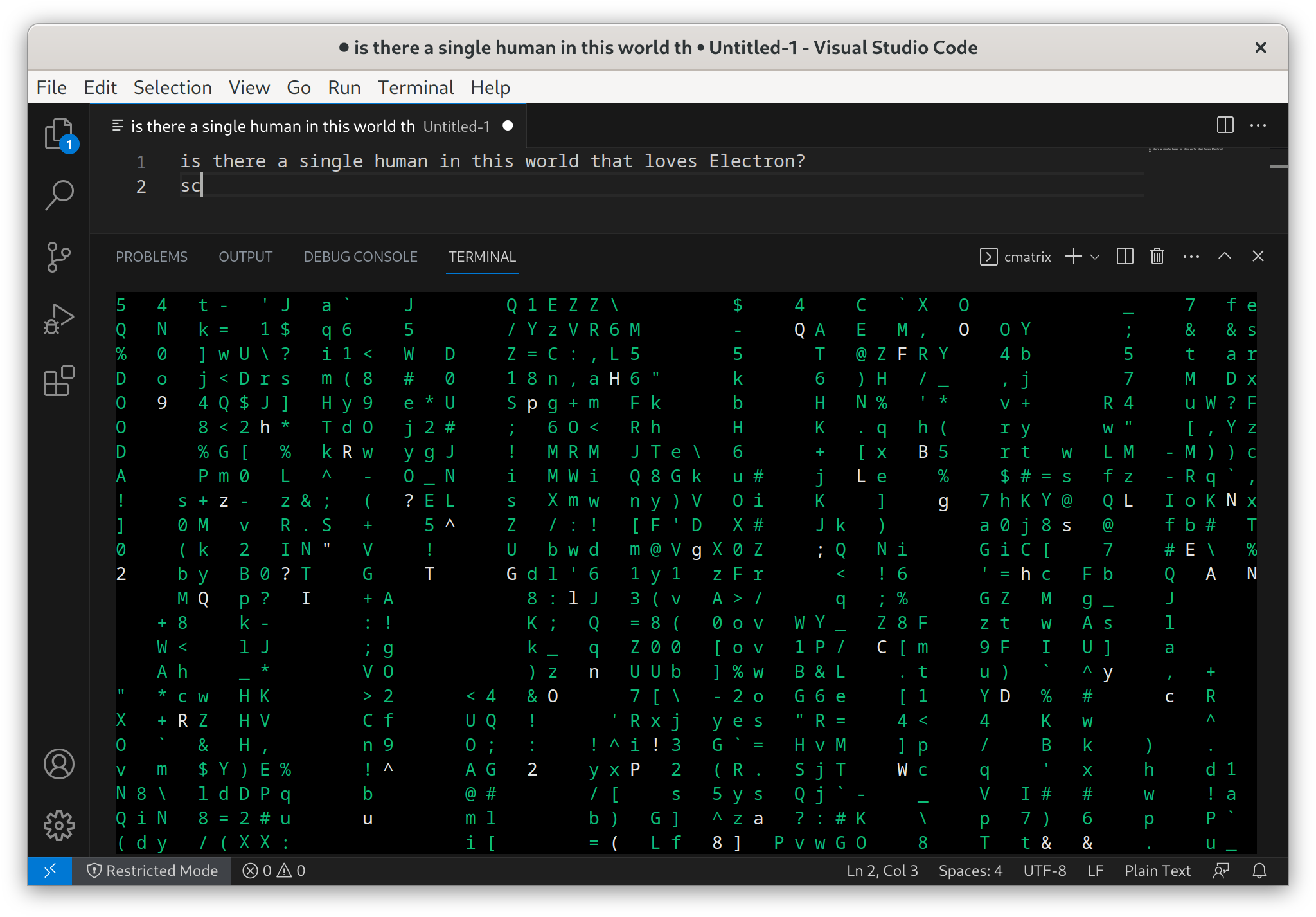 screenshot of vscode working with cmatrix running on the integrated terminal