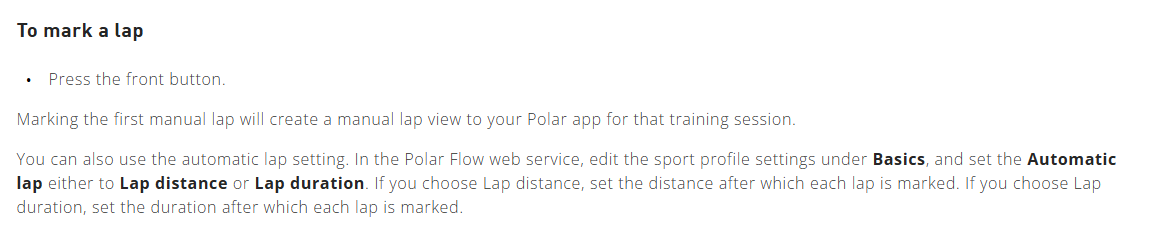 Polar M600 설명서의 전면 버튼 수동 랩과 자동 랩 설정 안내
