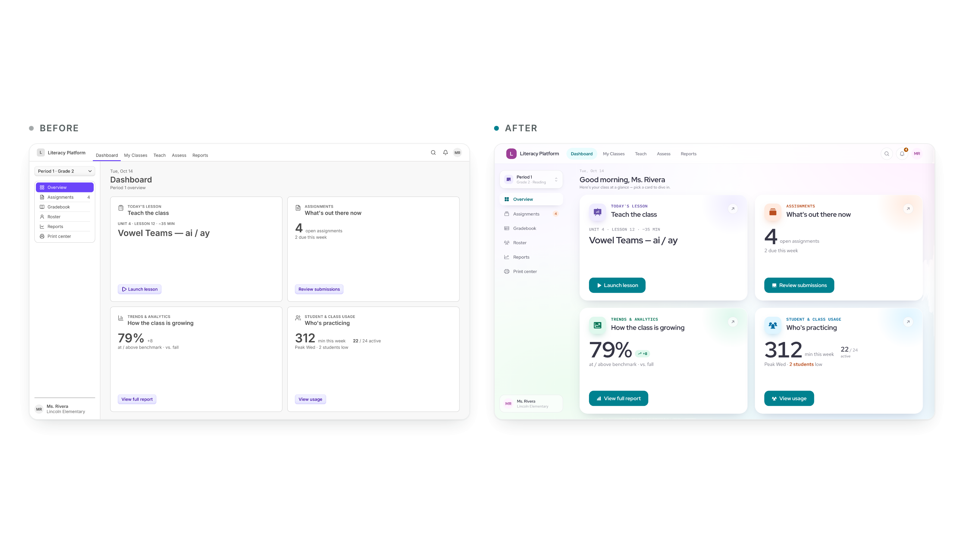Before and after: the placeholder UI beside the restyled teacher dashboard.