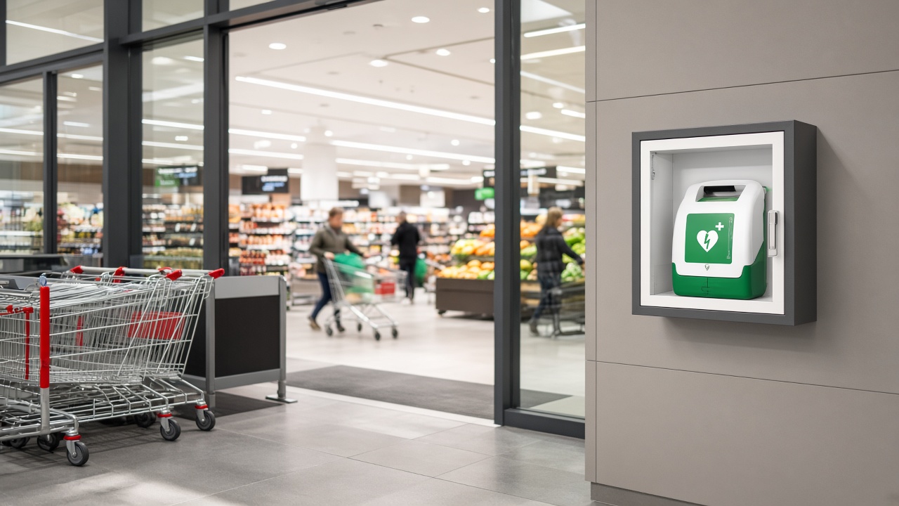 Een wit-groene AED bij de uitgang van een supermarkt naast winkelwagens