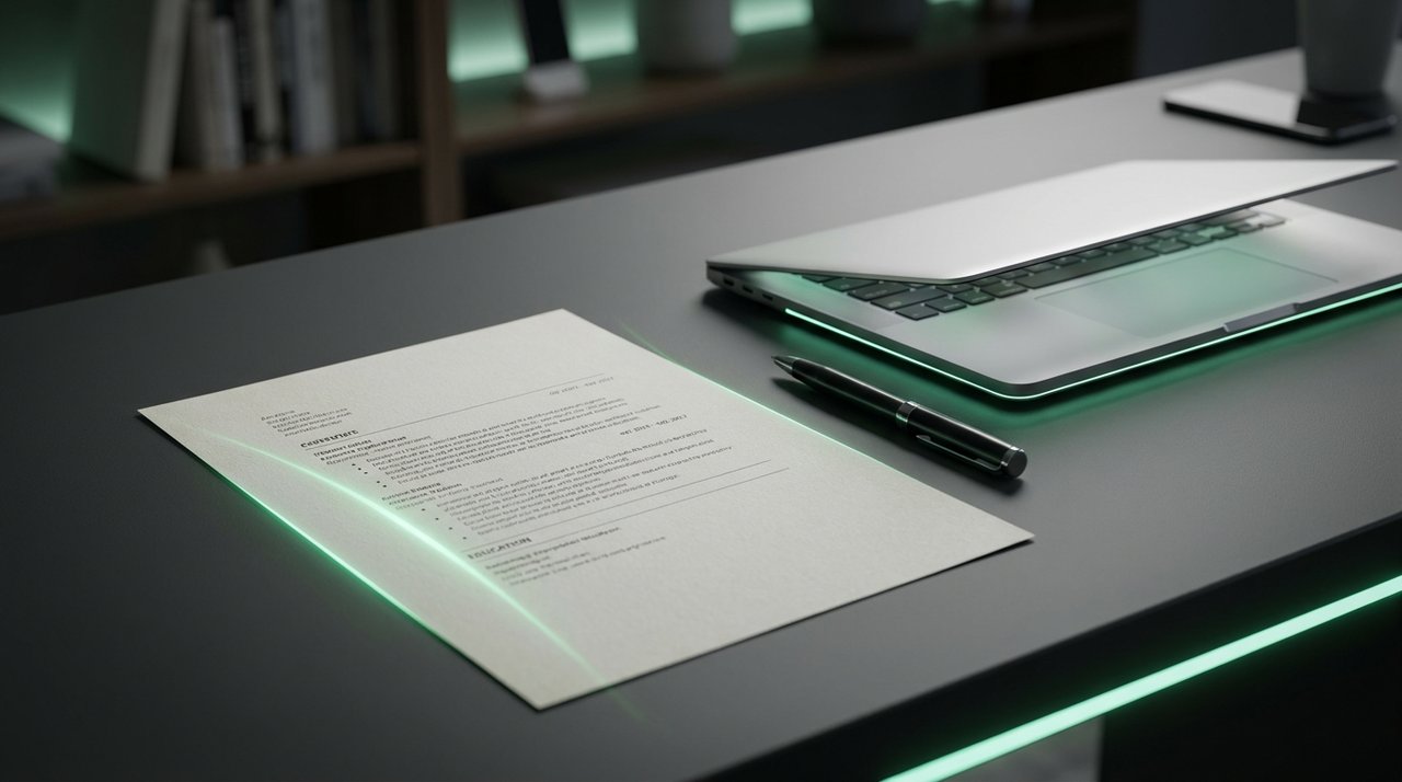 A polished resume on a desk being optimized by AI