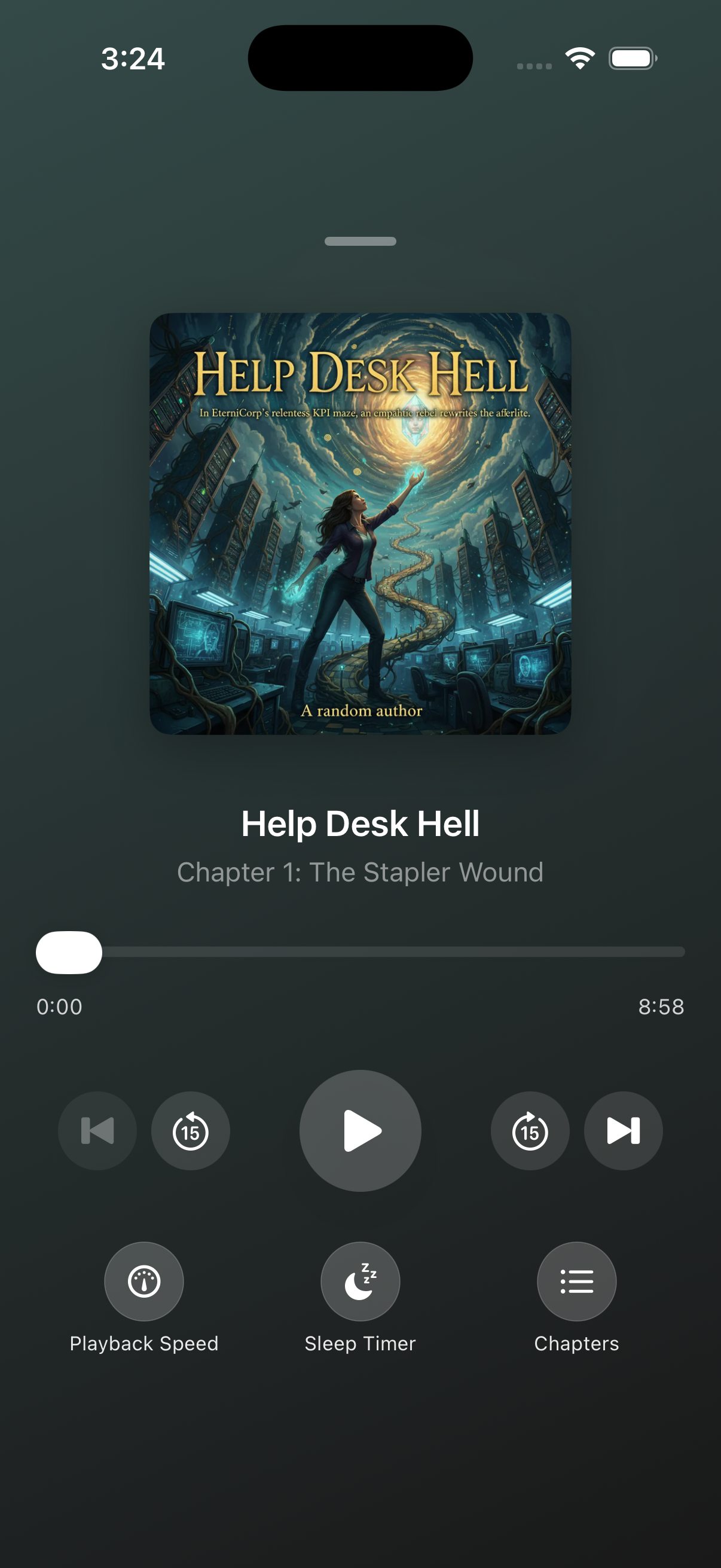 The iOS audiobook player with cover art, chapter navigation, sleep timer, and adjustable playback speed.