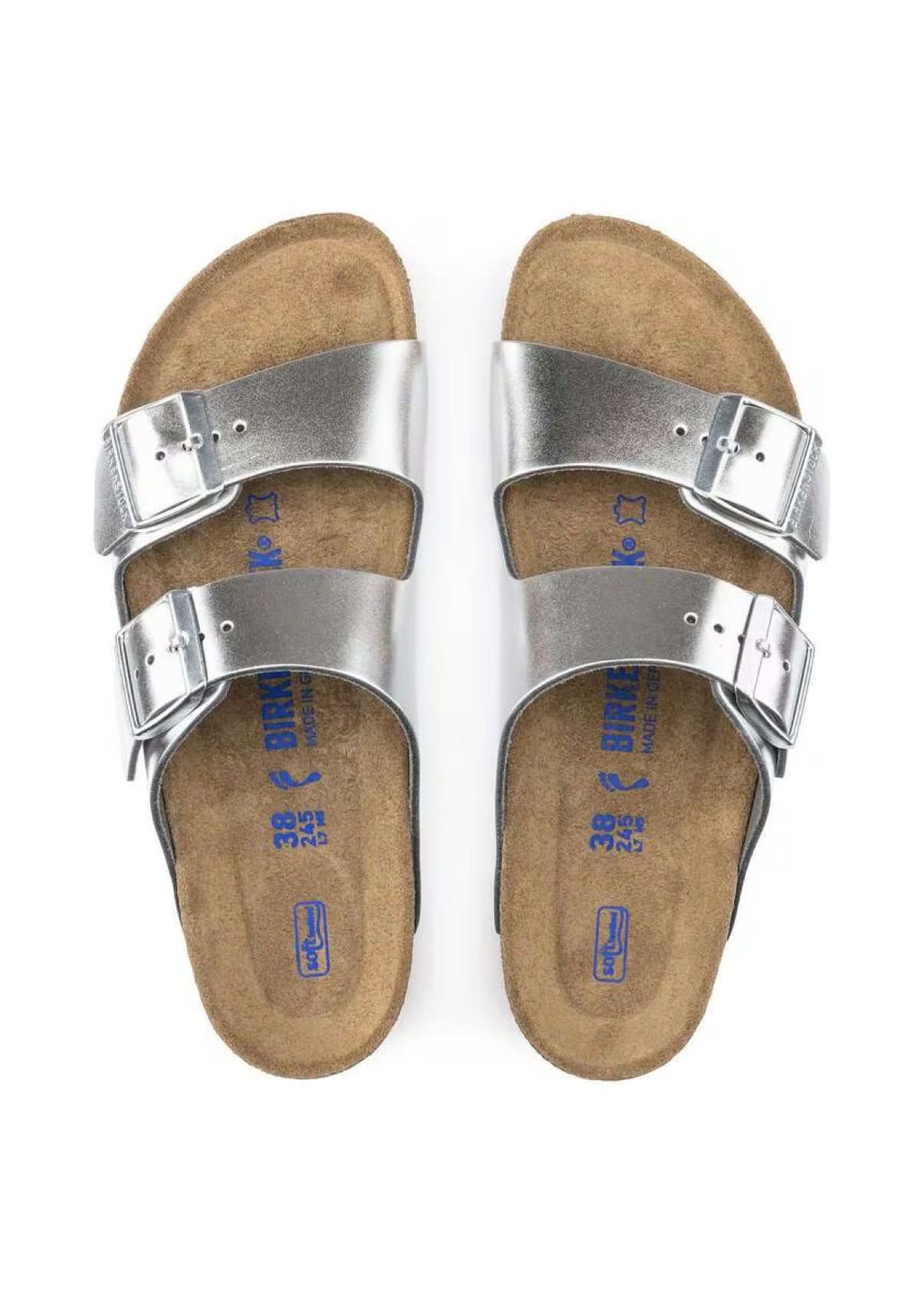 Birkenstock Arizona sandals, metallic silver leather