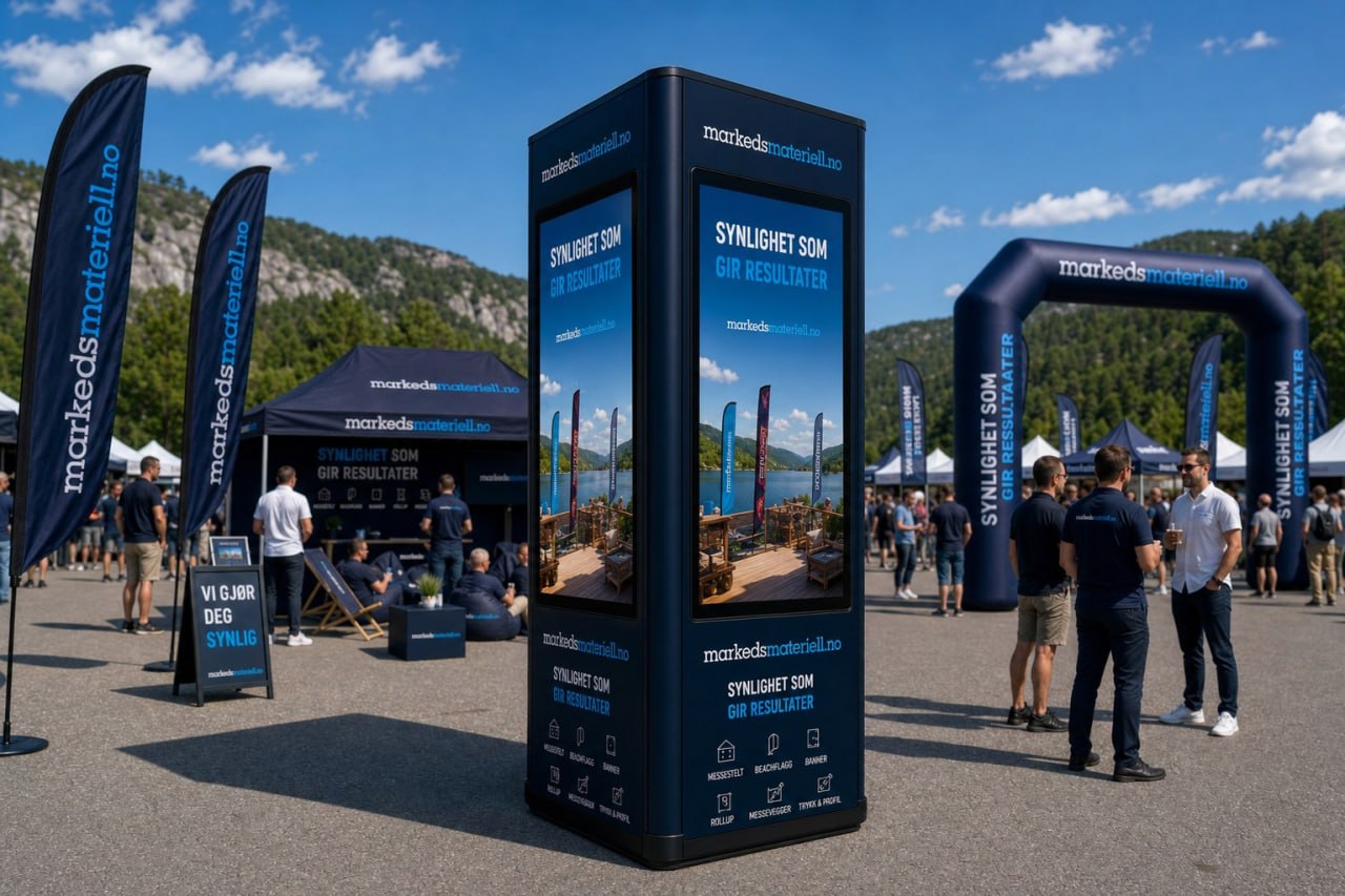 Digital søylereklame og markedsmateriell.no stand på utendørs arrangement med folk