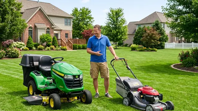 Homeowner evaluating lawn mower size for property terrain