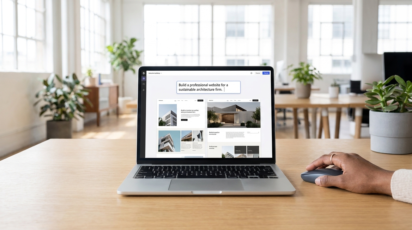 AI website builder generating a complex website from a text prompt on a laptop screen.
