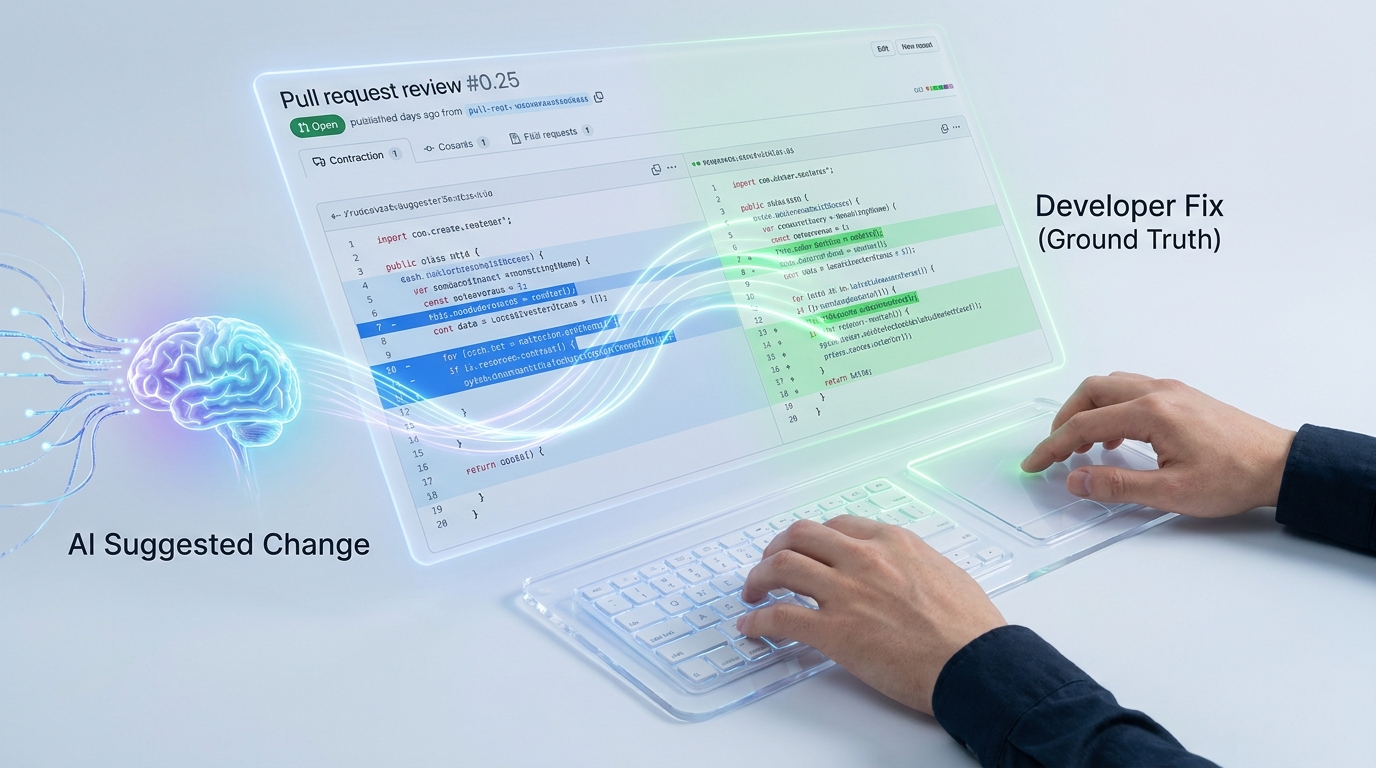 GitHub Pull Request interface with AI highlighting code, LLM brain, and developer hands, illustrating ReviewBench's real-world evaluation.