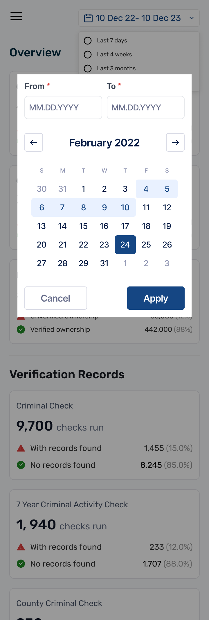 Mobile date filter open over the overview