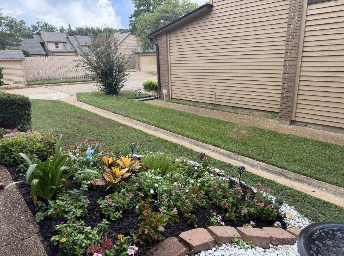 Flower bed with a clean green lawn and sidewalk behind it