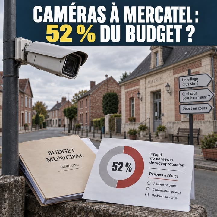 Une caméra de surveillance est fixée à un poteau devant une mairie, avec un dossier municipal et une fiche présentant un graphique circulaire indiquant 52 % pour un projet de vidéoprotection.