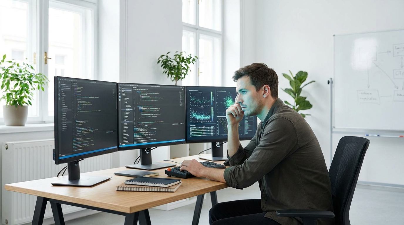 A developer working on integrating AstaBrief for custom AI report generation workflows, surrounded by code and scientific data.
