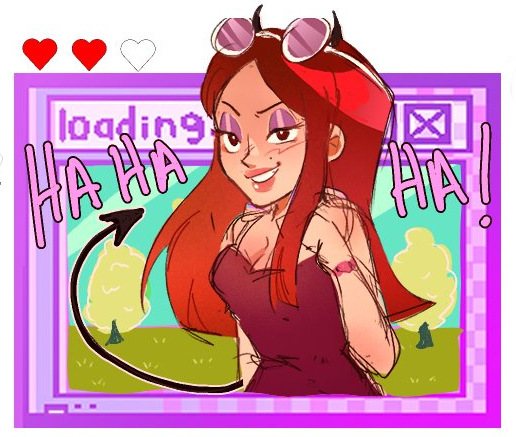 a drawing of emily campbell from disventure camp in a red dress with mini devil horns atop her head and a devil tail in a pc window, with text around her saying 'ha ha ha' a drawing of emily campbell from disventure camp in a red dress with mini devil horns atop her head and a devil tail in a pc window, with text around her saying 'ha ha ha'