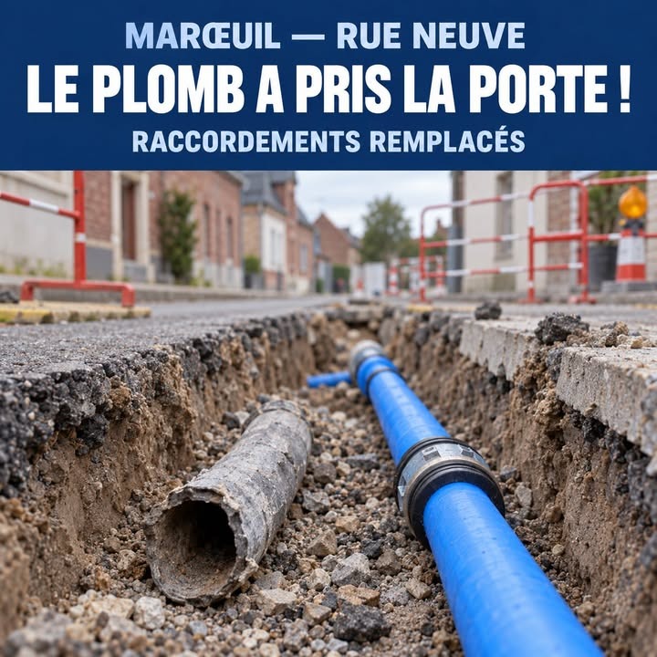 Une tranchée dans la rue montre une vieille canalisation en plomb retirée à côté d'une nouvelle conduite bleue posée sur du gravier.