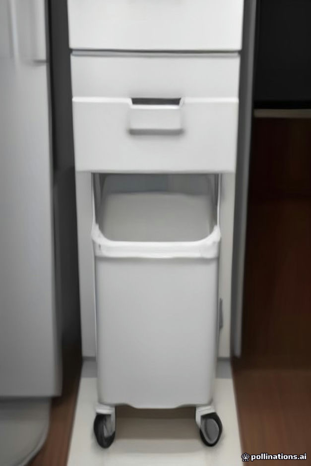 Slim white rolling utility cart pulled out from narrow refrigerator gap in small kitchen
