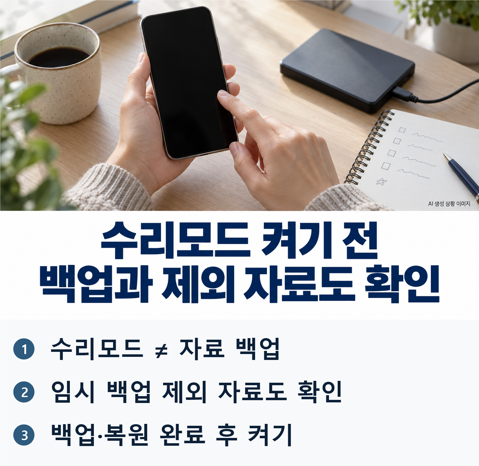 AI 생성 상황 이미지: 집 책상에서 로고 없는 스마트폰과 외장 저장장치, 모형 준비 메모를 확인하는 손의 자연스러운 사진. 화면은 꺼져 있어 가짜 삼성UI·수리모드 성공·백업 완료를 표시하지 않는다. 암호·개인자료 없음. 핵심 결론: 수리모드 ≠ 자료 백업 / 임시 백업 제외 자료도 확인 / 백업·복원 완료 후 켜기
