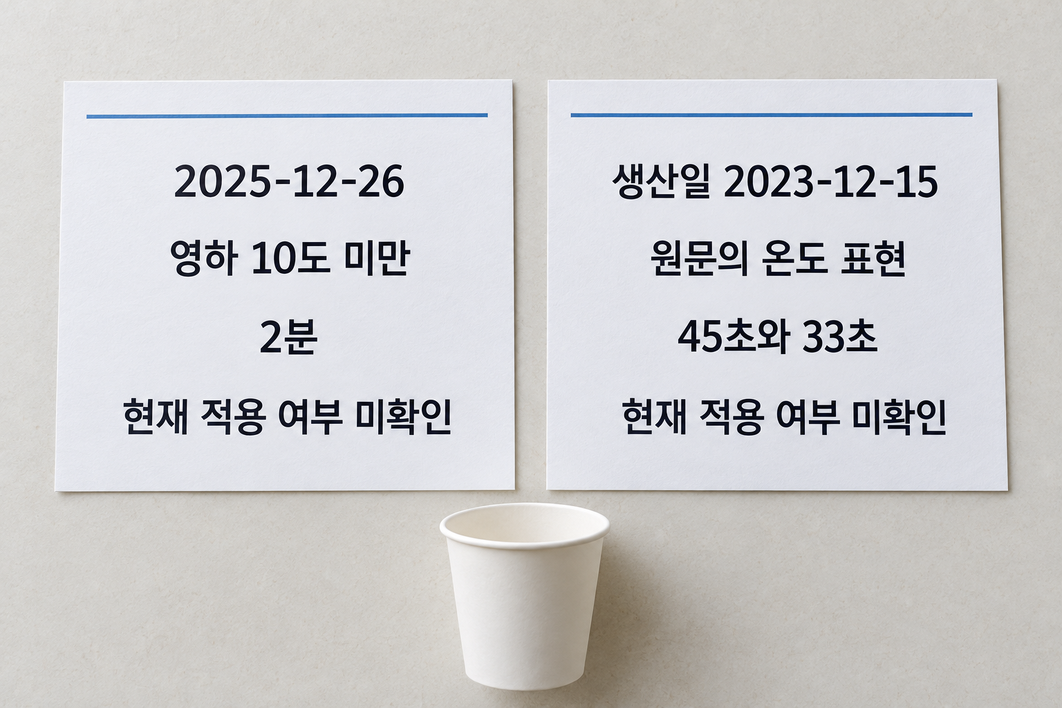 2분 안내와 45초·33초 안내의 문서 날짜 및 온도 조건을 분리해 읽는 비교