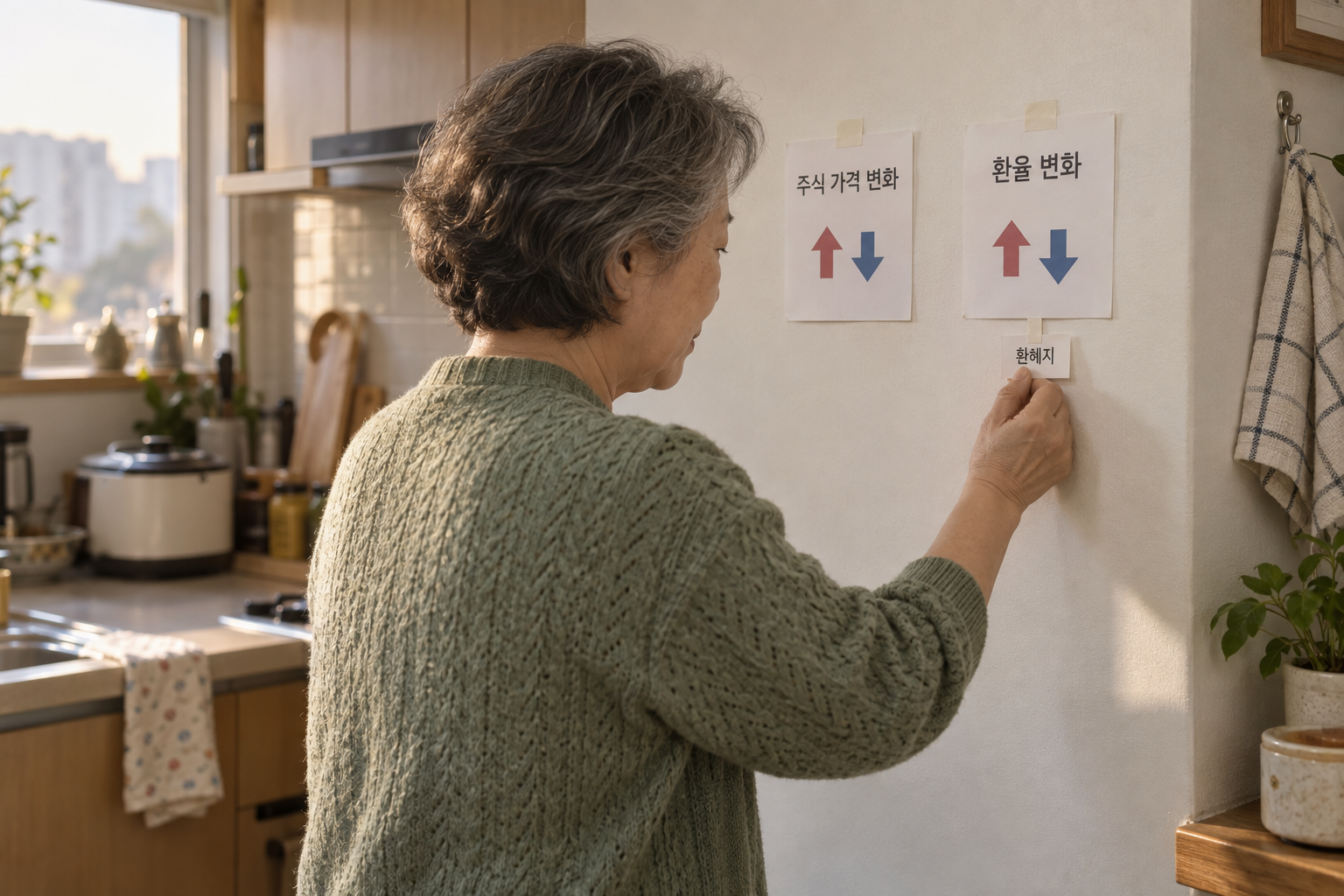 환헤지가 줄이는 환율 영향과 그대로 남는 주식 가격 변동을 구별한 개념 장면