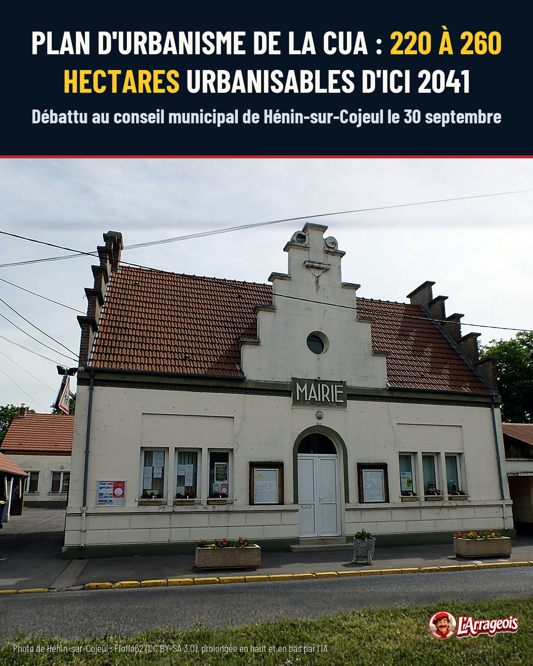 Bâtiment blanc à toit en tuiles rouges portant une plaque Mairie, avec des fleurs dans des caisses devant, sous un ciel nuageux.