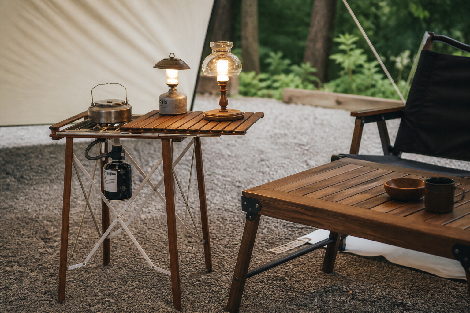 Morning Camp High Stand Slide Table 作為露營主桌旁副桌的真實情境