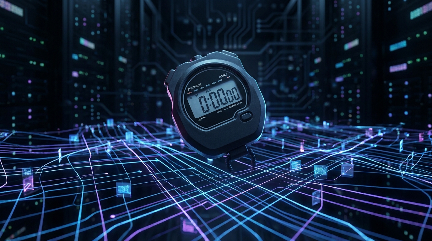 Digital stopwatch measuring the speed of AI processing, illustrating GPT-5.6 evaluation of response times.