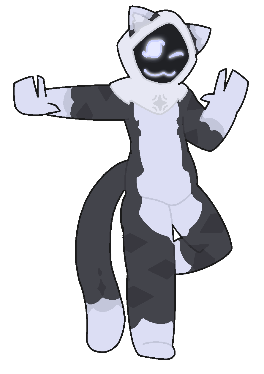A picture of a dark, faintly blue colored tuxedo cat with slight accents of blue on the white fur, doing a sort of meditative pose, with a hood on while having their facial features light up glowing, smiling and winking at the reader.