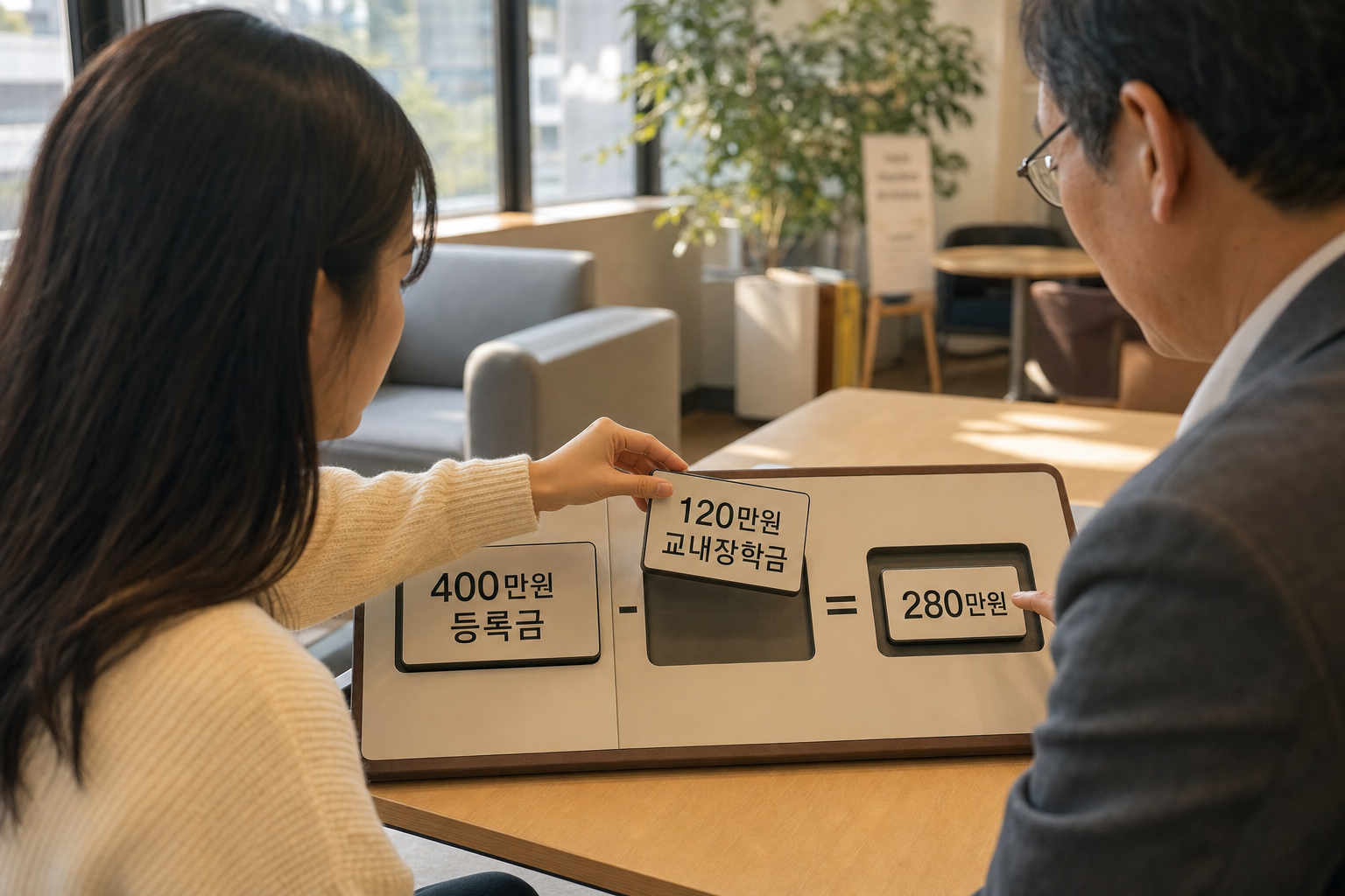 등록금 400만원에서 교내장학금 120만원을 빼 남은 등록금 280만원을 계산하는 장면
