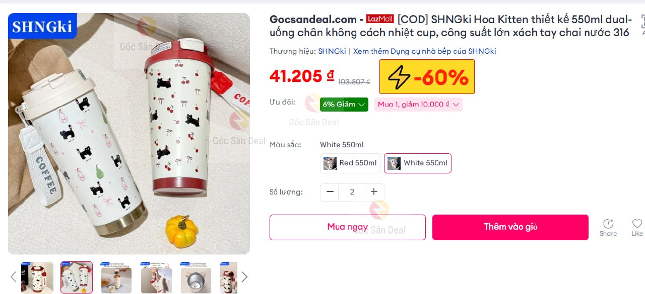 [COD] SHNGki  Hoa Kitten thiết kế 550ml dual-uống chân không cách nhiệt cup, công suất lớn xách tay chai nước 316