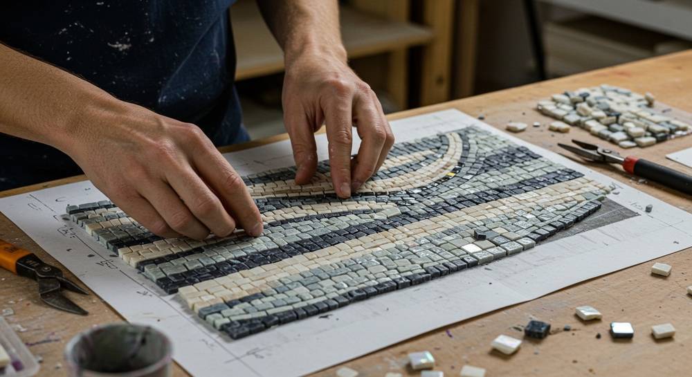 Artisanal hands precisely assembling a work-in-progress abstract mosaic, showcasing the detailed craftsmanship and light-catching tesserae.