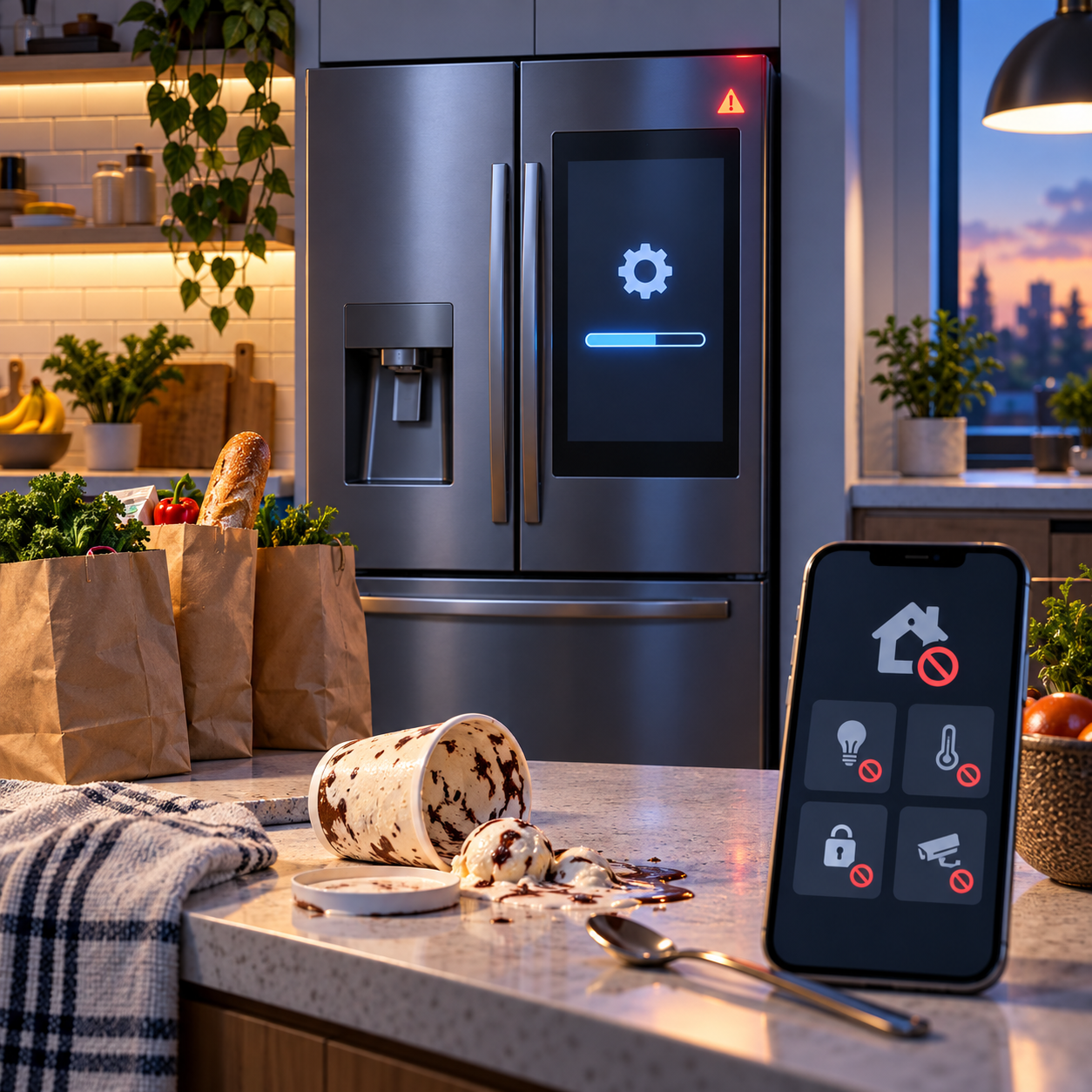 A smart refrigerator stuck on a software update in a kitchen.