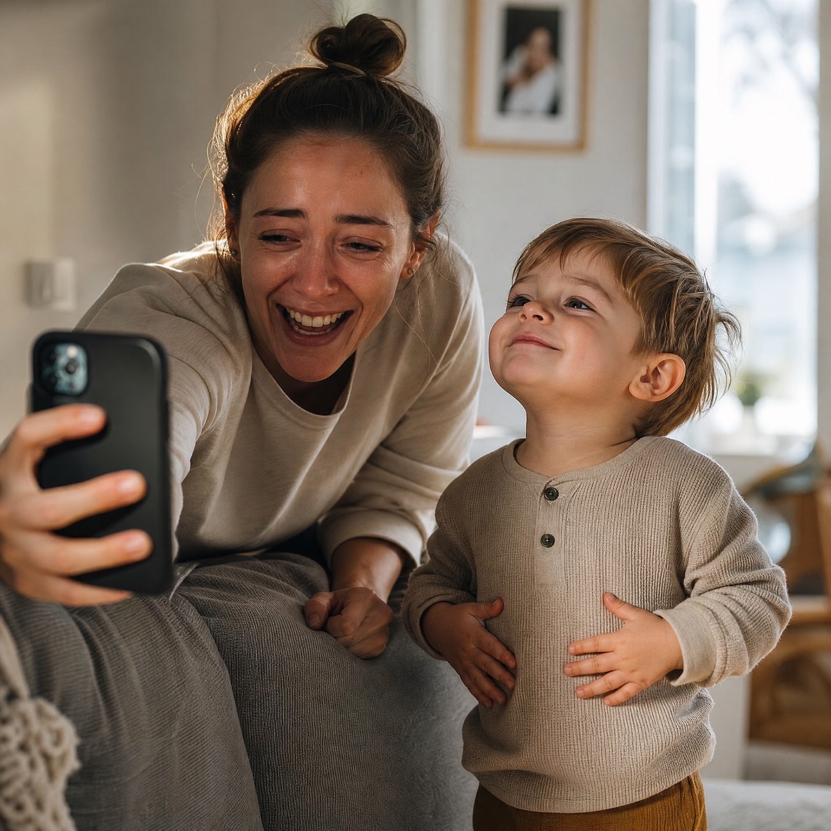 Mom half-laughing, half-crying, filming her toddler's first word