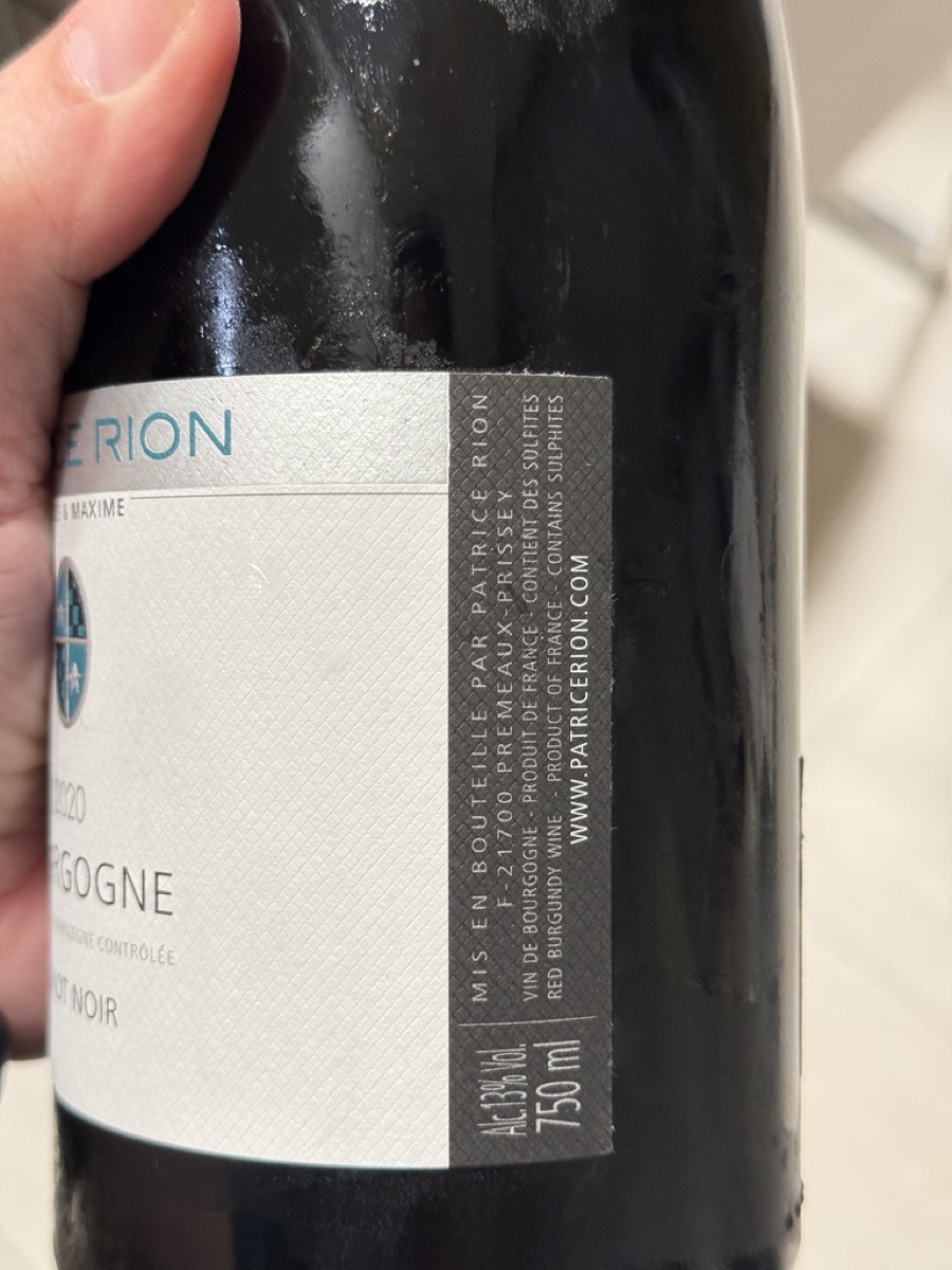 Patrice Rion Bourgogne Pinot Noir 2020 背標