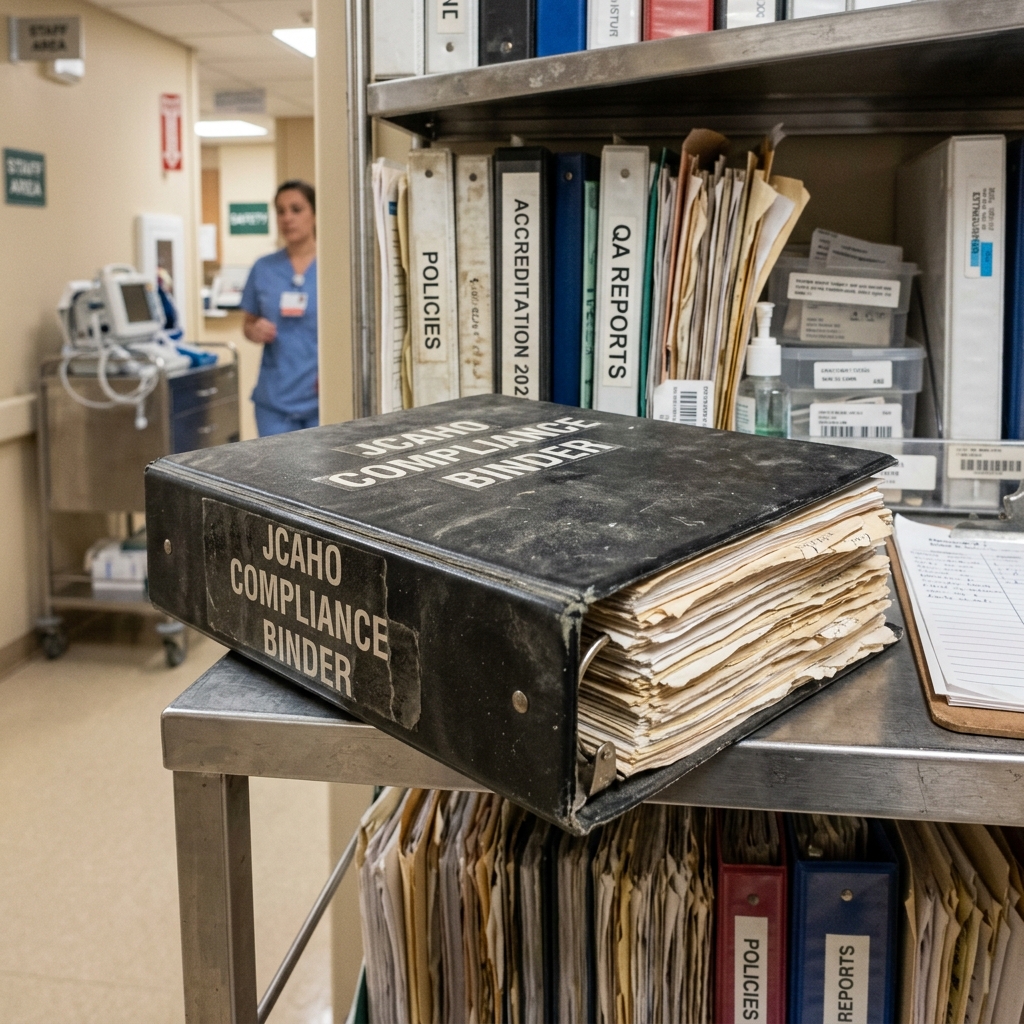 Compliance binders on a hospital shelf