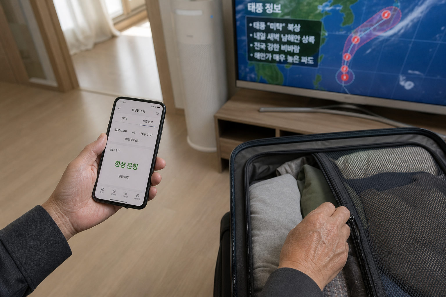 태풍 예보와 실제 항공편 운항 상태를 출발 전에 비교하는 여행자