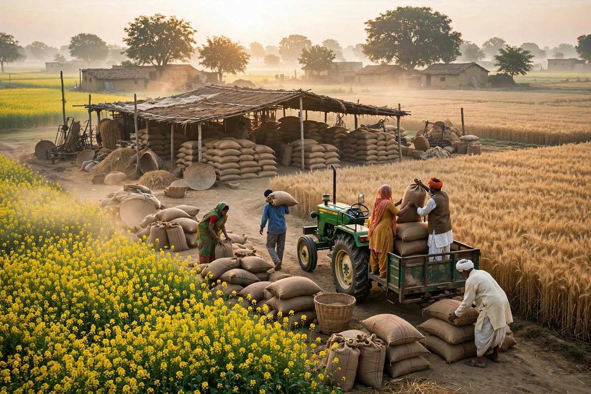 रबी की फसल और ग्रामीण मंडी यार्ड में अनाज के बोरे
