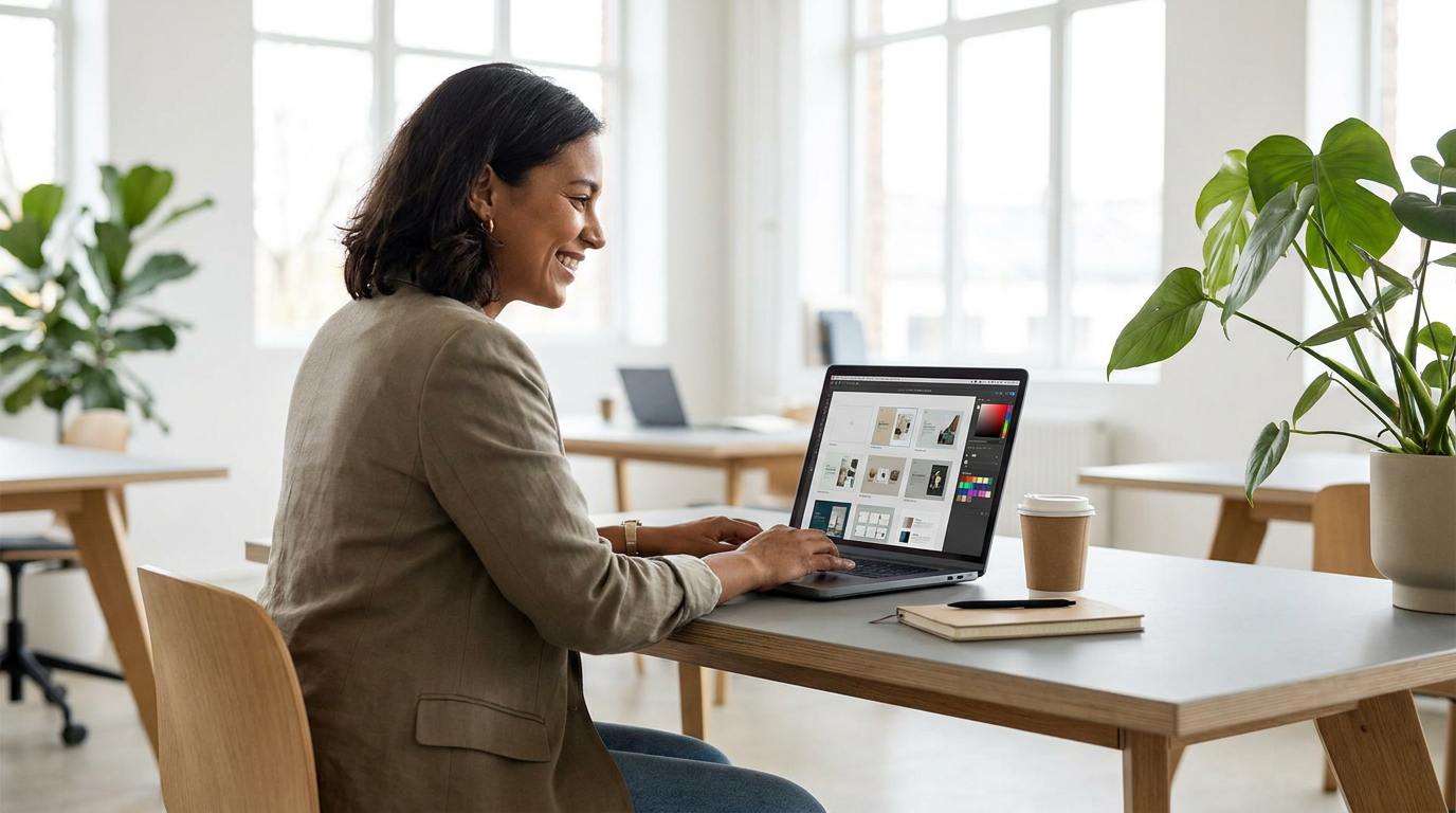 A small business owner confidently reviewing AI-generated logo options and a complete brand kit on a laptop screen, highlighting the ease of using AI branding platforms.
