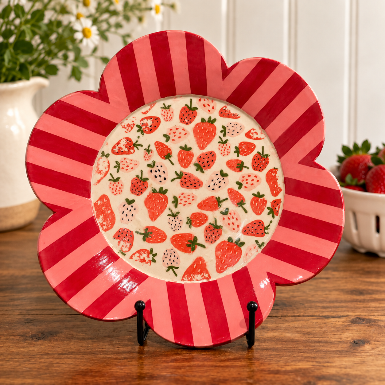 Flower-shaped hand-built plate with a cream center scattered with hand-painted strawberries and a pink and red striped rim