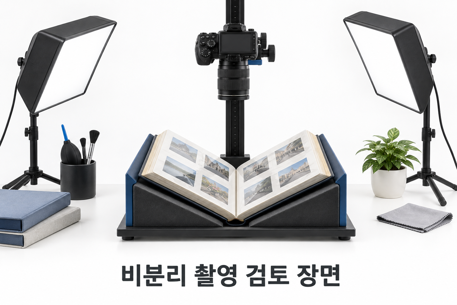 앨범을 분리하지 않은 촬영 가능 여부를 검토하는 설명용 카메라 구도