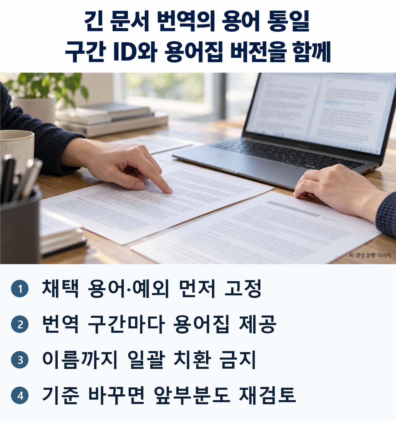 AI 생성 상황 이미지: 작업 책상에서 성인이 모형 인쇄문서와 노트북을 나란히 대조하는 손의 근접 사진. 노트북 화면은 흐려 특정 ChatGPTUI&middot;기능&middot;자동 동기화 성공을 만들지 않는다. 개인정보&middot;공식로고 없음. 핵심 결론: 채택 용어&middot;예외 먼저 고정 / 번역 구간마다 용어집 제공 / 이름까지 일괄 치환 금지 / 기준 바꾸면 앞부분도 재검토